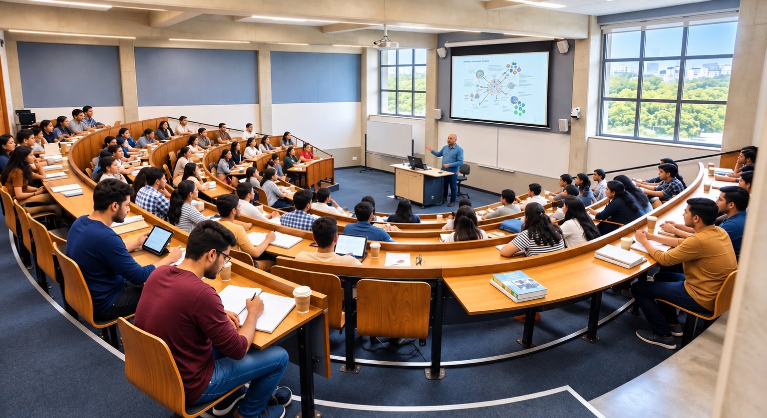 Students in a university lecture hall