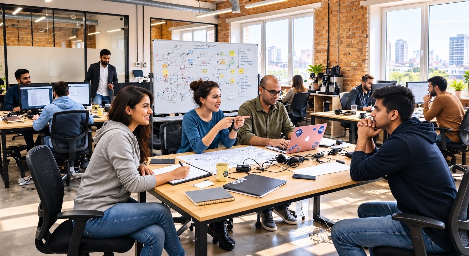 Startup team collaborating
